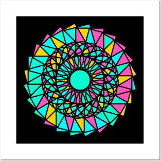 Round ornament with geometric repeated shapes in random bright neon colors Posters and Art